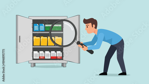 Man meticulously examining files in a cabinet for efficient data retrieval and information management illustration