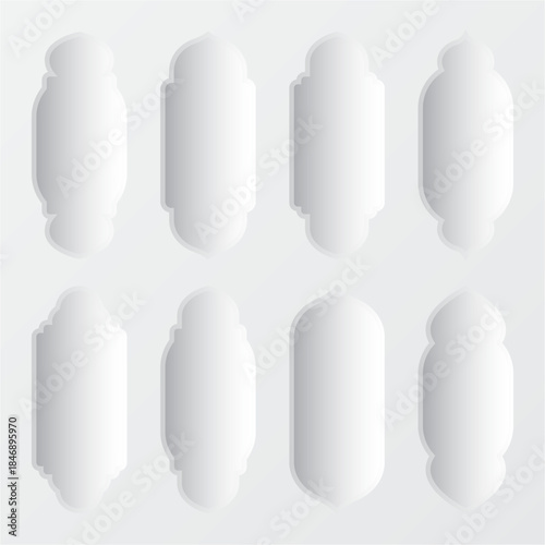 Islamic frames, oriental style objects. Arabic shapes, windows and arches with shadows. Traditional ornamental frame. Muslim holidays, Ramadan Kareem. Modern eastern architecture. Vector illustration