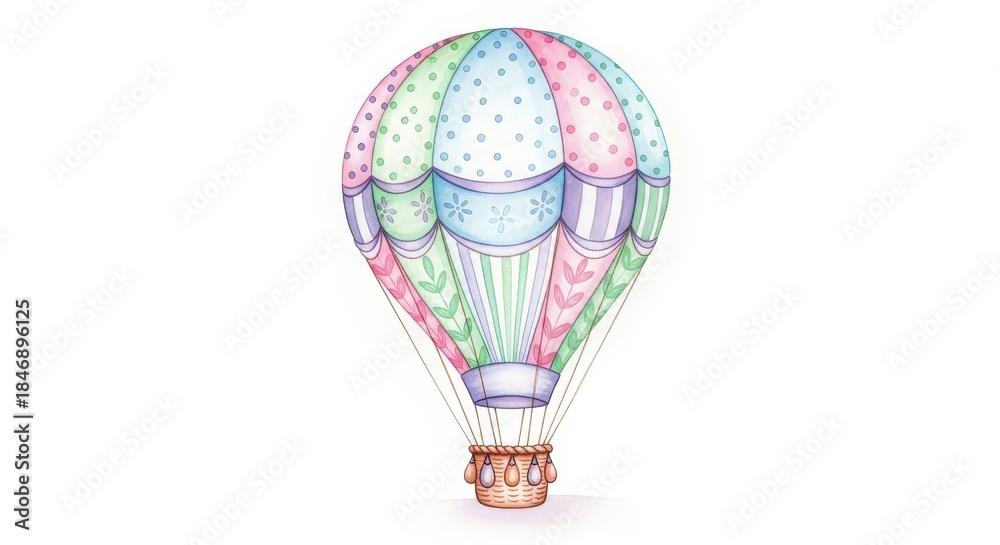 Fototapeta premium Whimsical, brightly colored airship illustration featuring pastel patterns and delicate floral elements