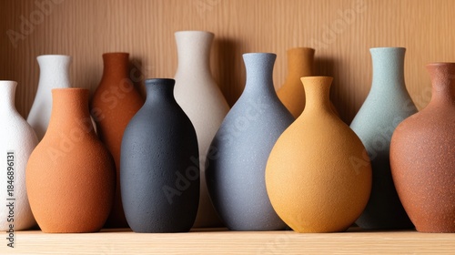 Various vases on a wooden shelf arranged by color and shape