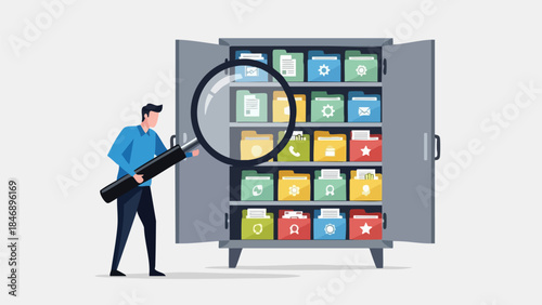 Professional examining diverse files within an organized cabinet showcasing information search and data management concept