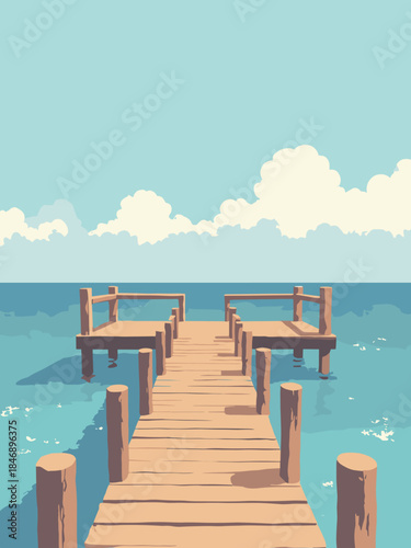 A minimalist pier jutting into the ocean, ending in a simple rectangular observation platform. Flat design, limited colors: wood brown, deep blue, light blue, white. No textures