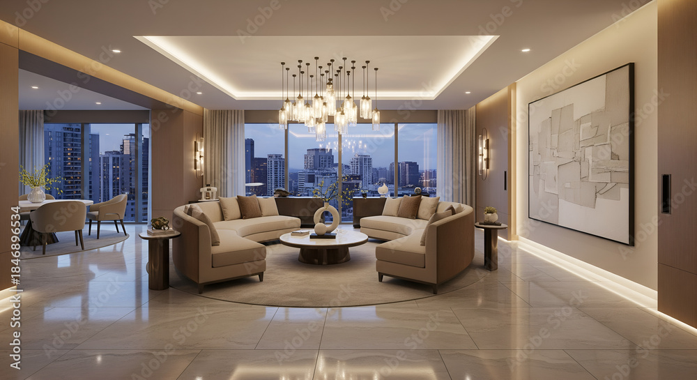 Fototapeta premium High-End Living Room Interior with Sophisticated Furniture, Polished Marble Flooring and Warm Ambient Lighting, Representing Comfort, Elegance and Premium Interior Design Concepts