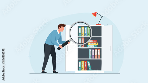 Illustrative depiction of a focused individual meticulously examining document files within a cabinet using a magnifying glass for thoroughness and