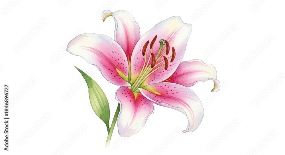 Naklejka premium Detailed watercolor illustration depicts a vibrant pink spotted stamen flower against a clean white background