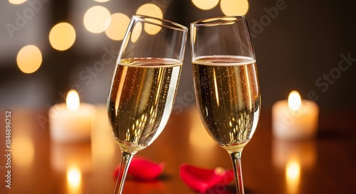 Romantic champagne toast with candles and rose petals
