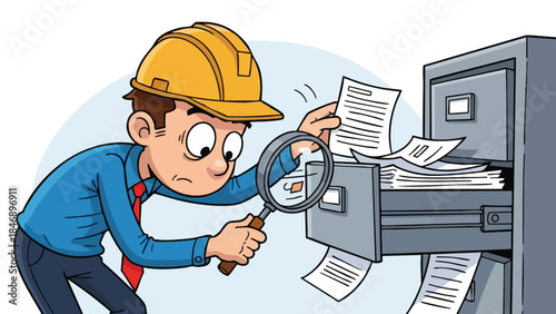 A determined construction worker meticulously examines documents using a magnifying glass near a filing cabinet suggesting an intense investigation