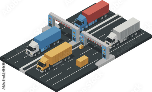 Isometric Highway Toll Gate with Semi Trucks and Road Transport Logistics System