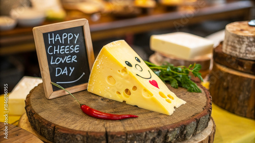 Smiling Cheese Wedge Celebrating Cheese Lover Day: A Festive Food Art Creation on a Charming Chalkboard Sign, Highlighting Cheese's Joyful Essence.