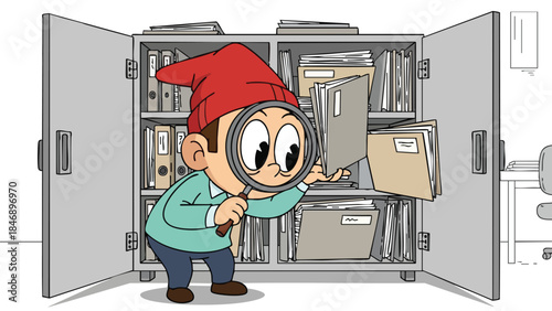 Cartoon character with magnifying glass examining a file within an office filing cabinet for thorough document inspection