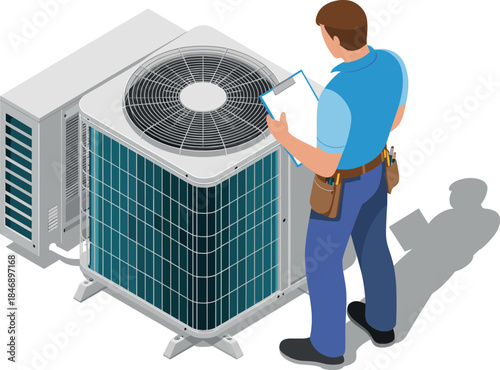 Isometric HVAC Technician Performing Air Conditioner (AC) Maintenance and Repair Service on Outdoor Unit