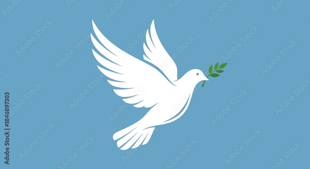 Fototapeta premium A white dove carrying an olive branch against a light blue background symbolising peace and hope