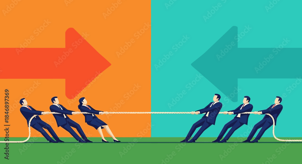 Obraz premium Business teams in tug of war competition with arrows on orange and blue background illustration