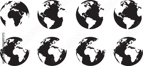 Eight rotating earth globe icons in black