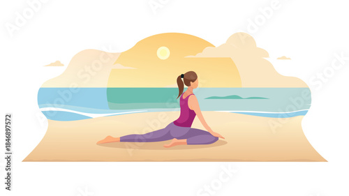 A peaceful person practicing yoga at sunrise on a quiet beach, gentle waves, soft golden light, calm breathing, balanced posture, tranquil wellness atmosphere