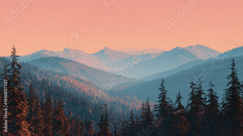 A serene mountain landscape during the warm embrace of sunrise. The image captures the natural beauty with layers of hills and trees under a beautiful sky