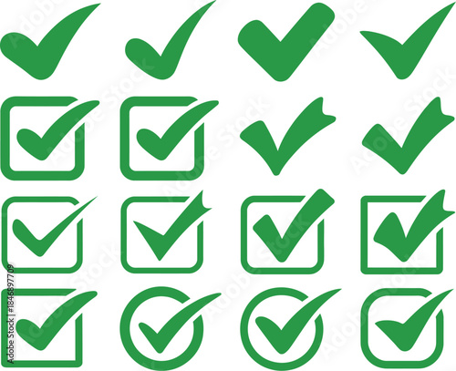 Collection of green checkmarks in various designs, including simple checkmarks and those within squares and circles, symbolizing completion and agreement