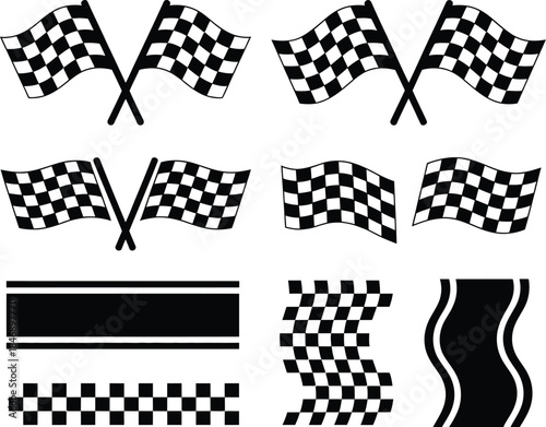 Collection of checkered racing flags and track elements for motorsport and competition themes
