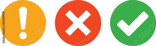 Set of three circular icons with an exclamation mark, a cross, and a checkmark on white background