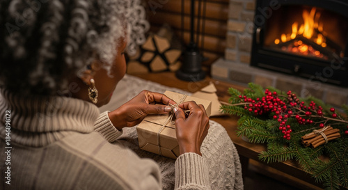 Elderly woman wrapping holiday gift by fireplace with festive decor  