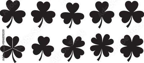 Ten black clover icons on white background