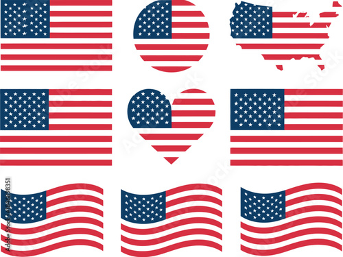 A vibrant collection of national flag designs, featuring the distinctive red, white, and blue pattern in a variety of graphic interpretations, symbolizing national pride and unity