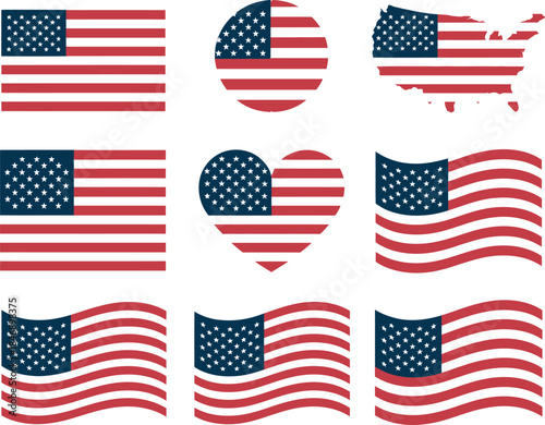 Collection of American Flag Icons in Various Shapes and Styles