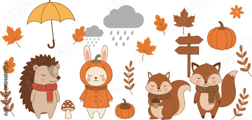 Cute Cartoon Autumn and Fall Vector Set; Adorable Hedgehog, Rabbit, Fox, and Squirrel with Pumpkins, Maple Leaves, Umbrella, and Seasonal Decorations.