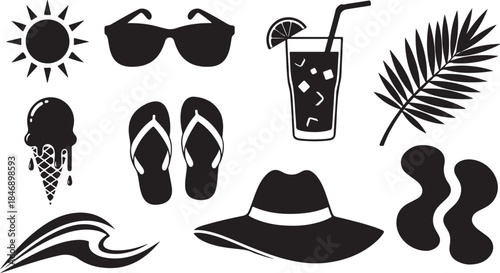 Summer vacation icons black silhouette set
