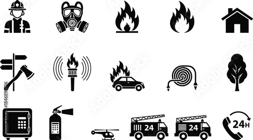 Black Silhouette Vector Set of 15 Fire Safety and Emergency Icons, Featuring Firefighter, Flame, Fire Truck, Extinguisher, Safe, and Rescue Service Symbols for Protection and Warning.