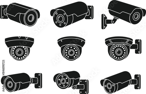Black Silhouette Vector Set of Security Cameras in Various Styles, Including Bullet and Dome CCTV, Symbolizing Surveillance, Protection, Monitoring, and Private Home or Business Safety.