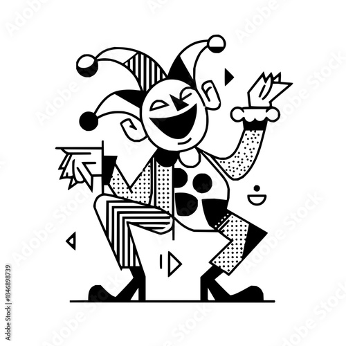 Whimsical jester illustration black and white line art circus performer happy harlequin vector design graphic art