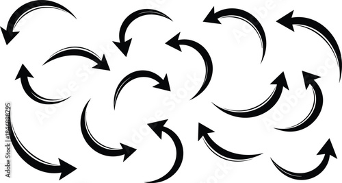 Collection of dynamic curved arrow silhouettes with bold brushstroke style, versatile directional illustration set for infographics, presentations, highlights and creative design projects