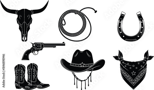 ector Black Silhouette Set of Classic Wild West and Cowboy Icons Skull, Lasso, Horseshoe, Revolver, Boots, Hat, and Bandana Graphics.