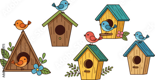 Cute Cartoon Birdhouse and Bird Vector Set; Colorful Wooden Houses, Blue and Orange Birds, Flowers, and Leaves for Spring Garden Decoration.