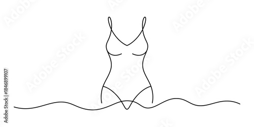 Minimalist continuous line drawing of a person in a one-piece swimsuit emerging from water Vector, illustration