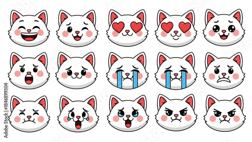 Set of cute cat emoji illustrations expressing various emotions on white background