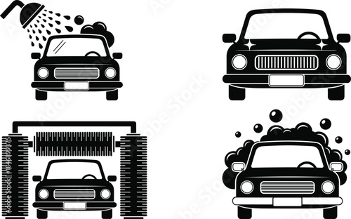 Set of Four Monochrome Car Wash Icons Showing Self-Service Spray, Finished Clean Car, Automatic Roller Tunnel, and Soapy Foam