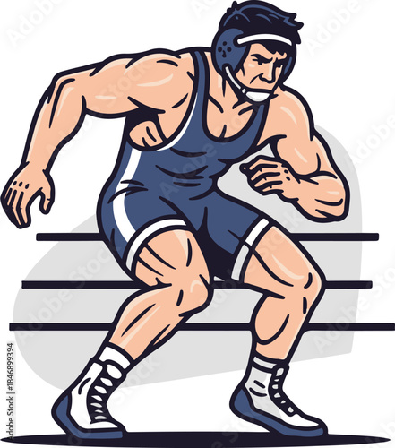 Vector illustration of a wrestler in deep crouch position with tense muscles and focused expression, ready to engage an opponent. Perfect for combat sports branding, event tickets, gym posters