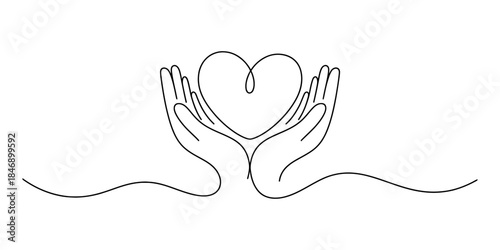Continuous line art illustration of hands holding a heart, symbolizing care and love Vector, illustration