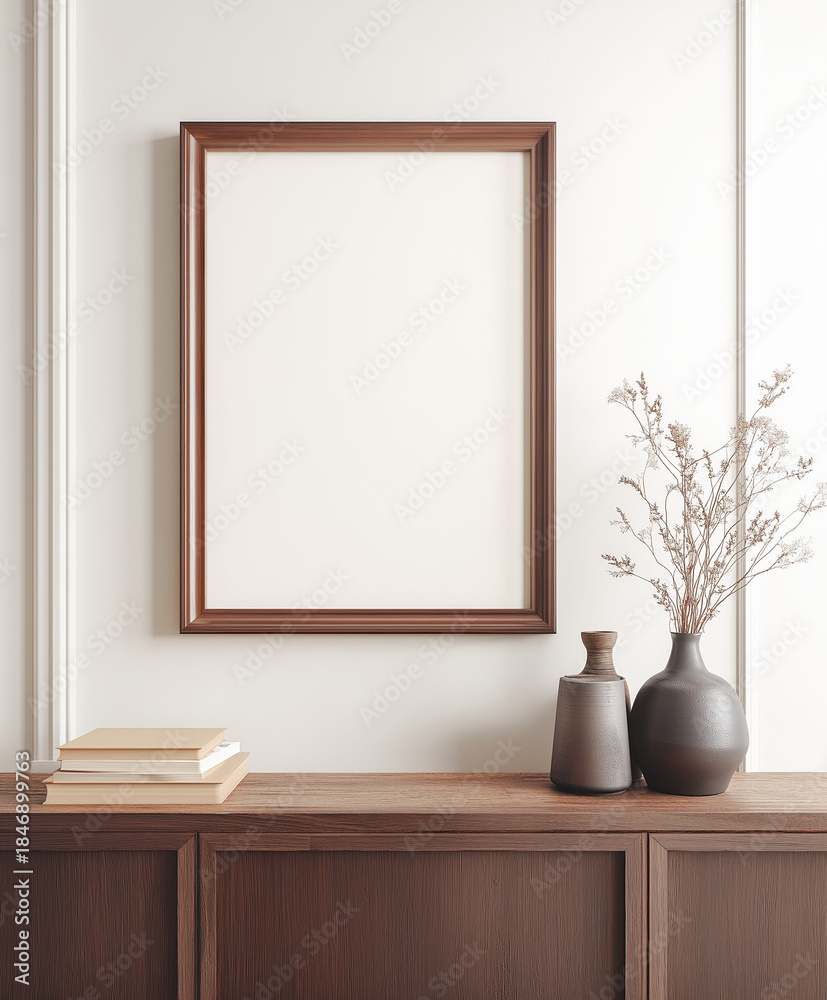 Fototapeta premium Wooden cabinet on white wall, minimal room design with frame mockup