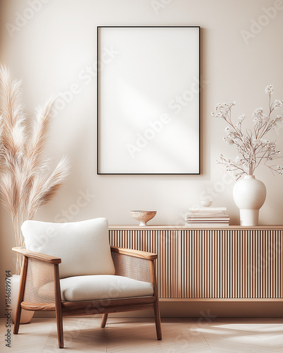 Wooden armchair in modern living room design poster mockup 