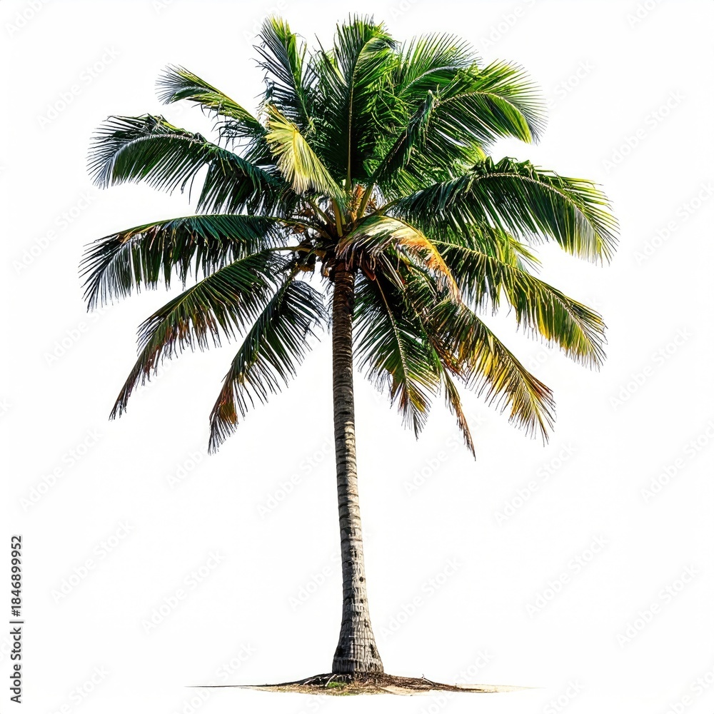 Obraz premium Palm tree with textured trunk and vibrant green fronds, isolated