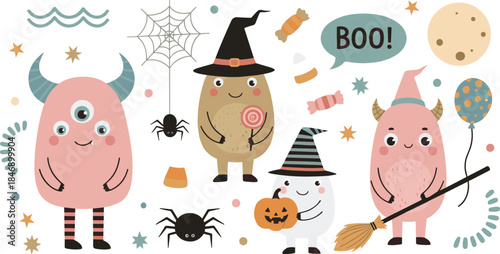 Cute Cartoon Halloween Monster Vector Set; Adorable Witch Characters, Pink Cyclops, Spiders, Candy, Pumpkin, Broomstick, and Pastel Decorations