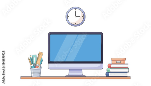 Modern Workspace Desk with Computer Monitor and Office Supplies Vector Illustration