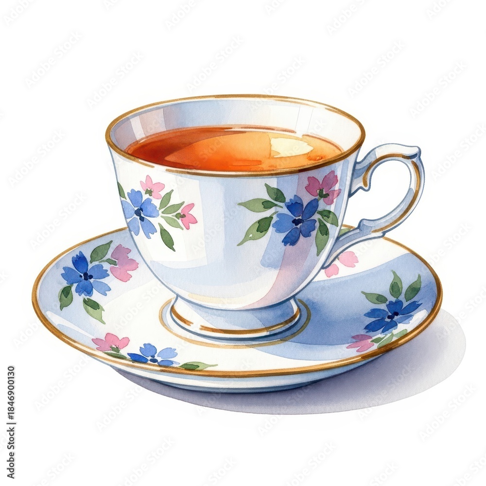 Fototapeta premium Elegant porcelain teacup filled with brewed beverage rests on matching floral saucer