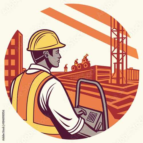 Construction worker wearing hardhat and vest looking at site