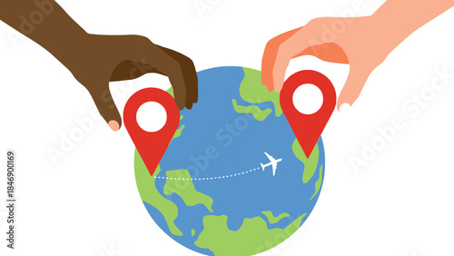 Global connections and travel concept with hands holding location pins