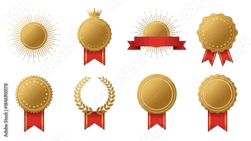 Set of golden award badges with red ribbons, representing achievement and victory, isolated on white