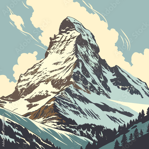 Snowy mountain peak with trees and clouds